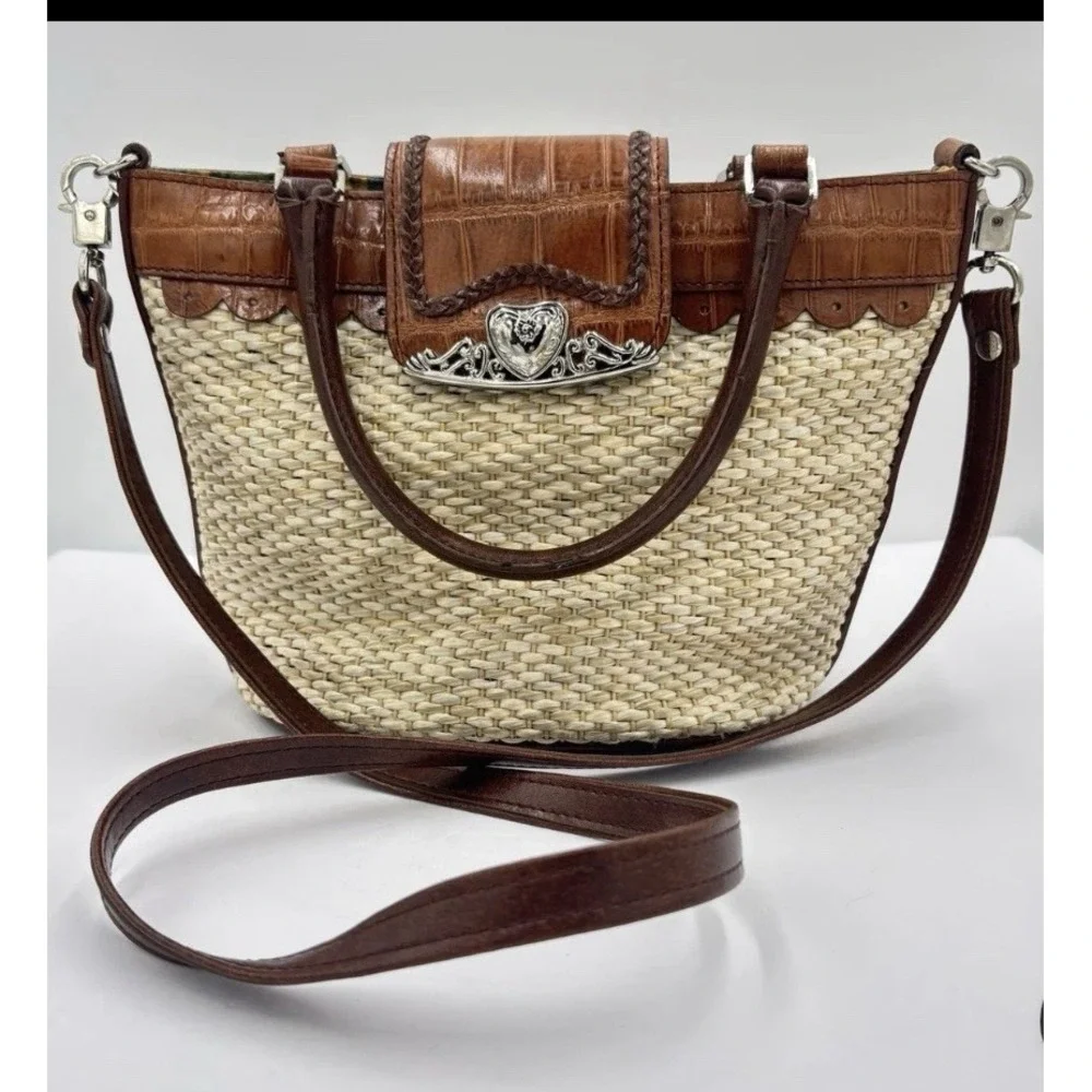 Woven Handbag Purse Faux Leather Straw Raffia Wicker Western Look Heart Accent